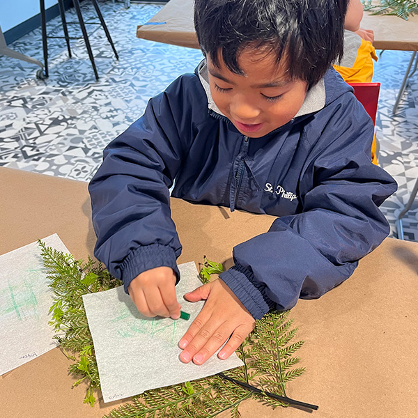 A student shading paper that has been placed over a leaf